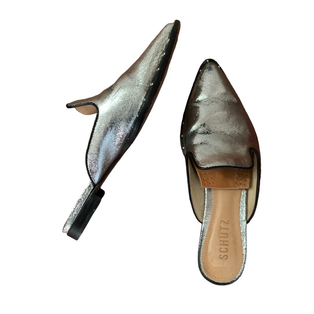 Schutz Silver Metallic Leather Pointed Toe Women’s Size 5 Flats